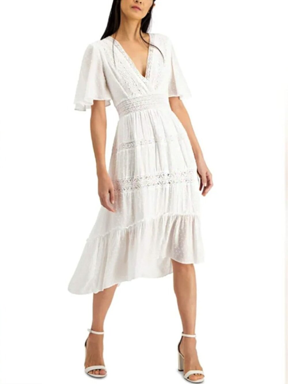 INC International Concepts White Flutter Sleeve V-Neck High Low Flowy Dress Sz S